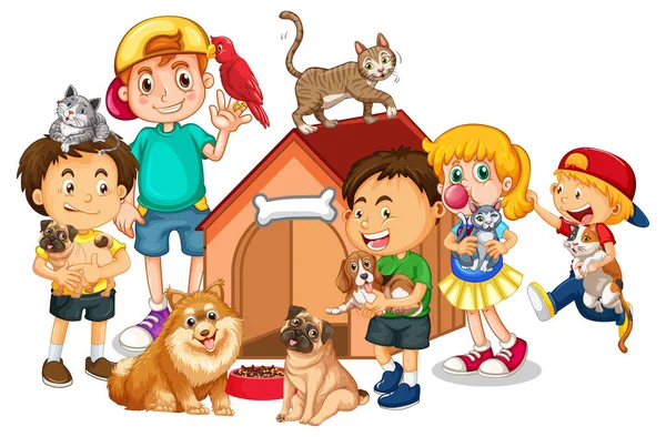 Щасливі Діти Своїми Домашніми Тваринами Ілюстрація — стоковий вектор