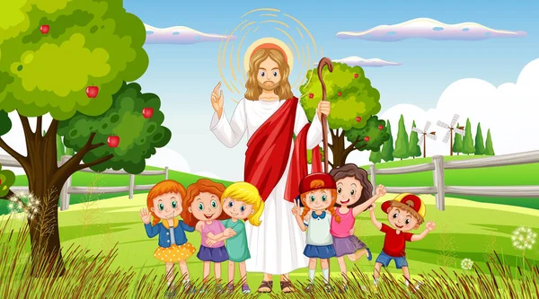 Jesus Children Park Illustration — Stock Vector