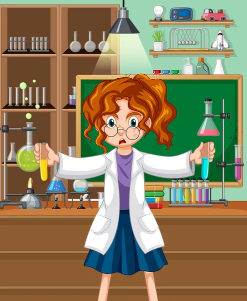 Bilim adamı çizgi film karakteri çizimleriyle laboratuvar sahnesi