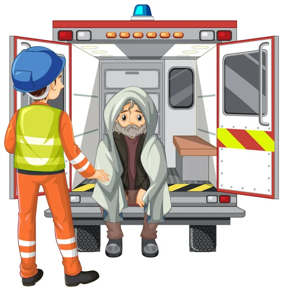 救急車のイラストで人々の漫画のスタイルを助ける緊急救助チーム — ストックベクタ