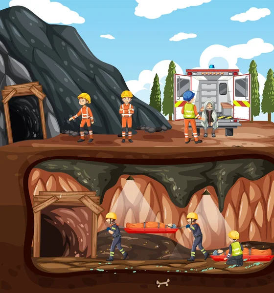 卡通画中的地下救火员救援场景 — 图库矢量图片