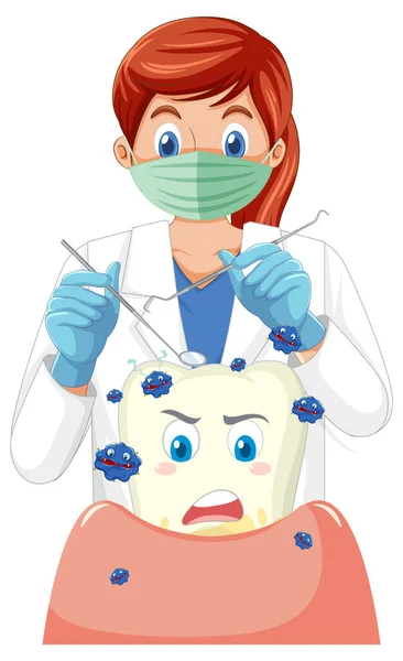 白底图上的牙科医生持牙器及蛀牙检查 — 图库矢量图片