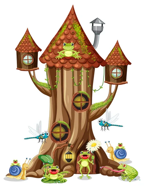 Šťastný Hmyz Karikatura Pohádkové Strom Dům Ilustrace — Stockový vektor