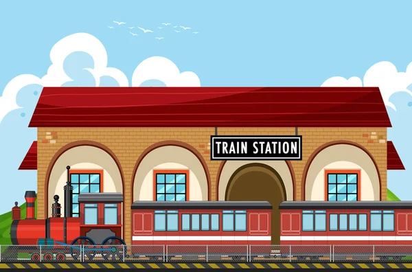 Escena Estación Tren Con Ilustración Locomotora Vapor — Archivo Imágenes Vectoriales