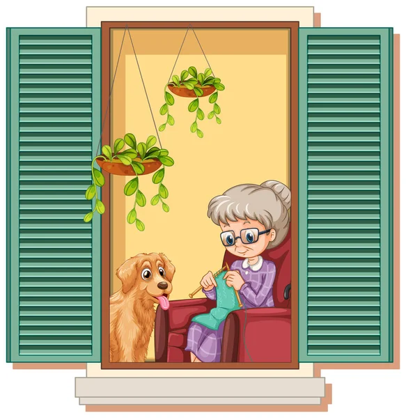 View Window Granny Knitting Illustration — Stock Vector