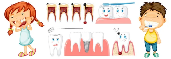 Criança Feliz Fio Dental Dentee Escovação Dentes Com Com Diferentes — Vetor de Stock