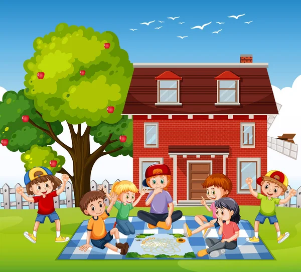 Niños Jugando Juegos Fuera Casa Ilustración — Vector de stock