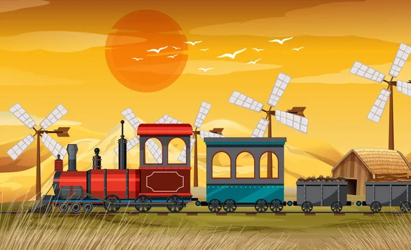 Tren Con Escena Natural Granja Escena Ilustración — Vector de stock