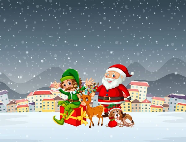 Snowy Christmas Night Scene Santa Claus Friends Illustration — Stock Vector
