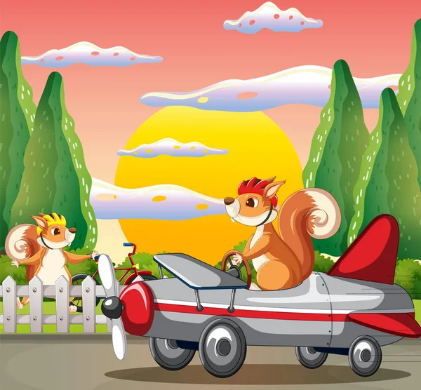 Scena Wiewiórki Latają Samolotową Ilustracją — Wektor stockowy
