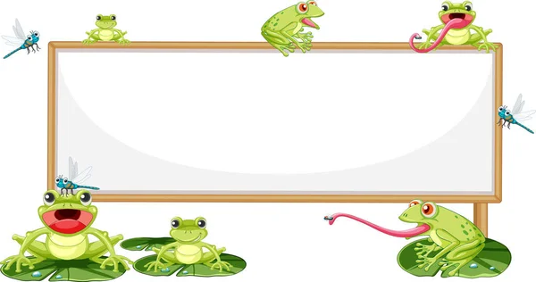漫画風イラストでカエルと空白の木製の看板 — ストックベクタ
