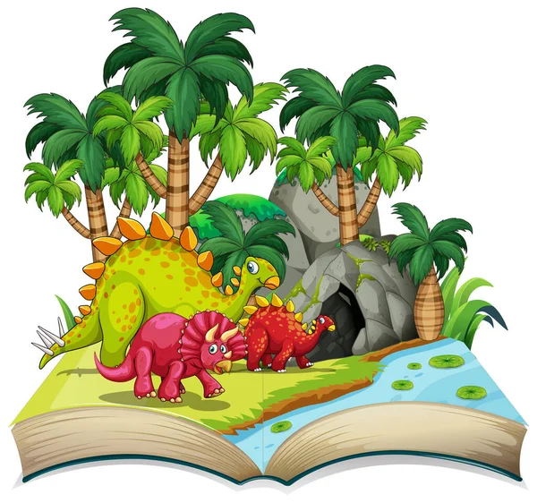 Libro Dinosaurios Bosque Ilustración — Vector de stock