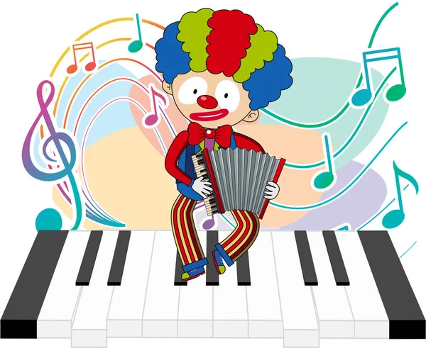 Simpatico Clown Che Suona Fisarmonica Con Note Musicali Sull Illustrazione — Vettoriale Stock