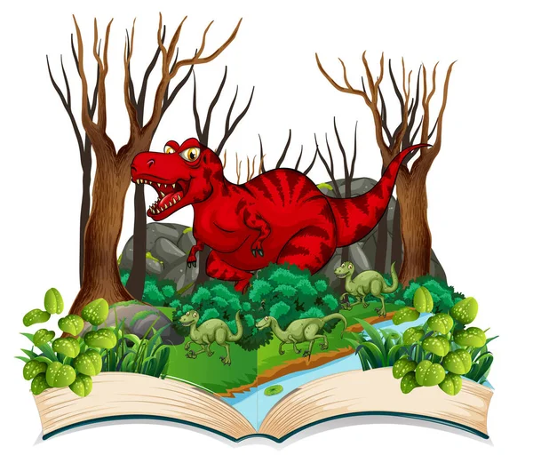 Libro Dinosaurios Bosque Ilustración — Vector de stock