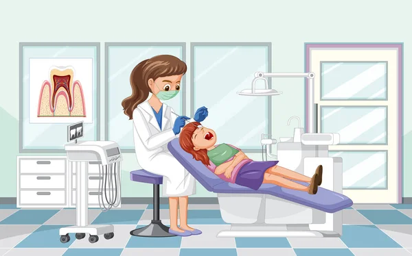 Tandarts Vrouw Onderzoeken Patiënt Tanden Kliniek Illustratie — Stockvector