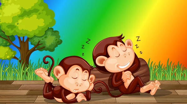 Gökkuşağı Gradyan Arkaplan Çiziminde Uyuyan Iki Maymun — Stok Vektör