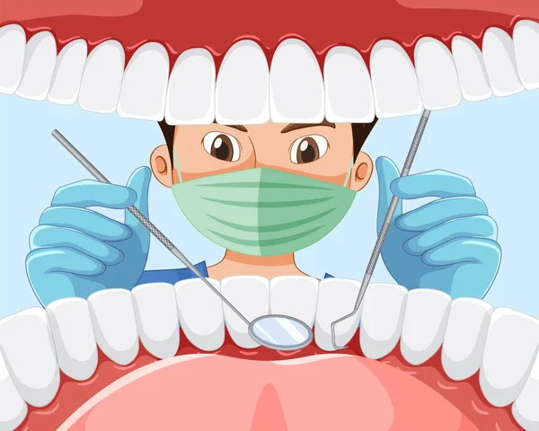 Dentista Segurando Instrumentos Examinando Dentes Paciente Dentro Boca Humana Ilustração —  Vetores de Stock