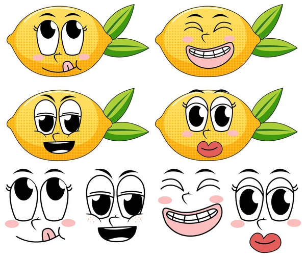一套带有柠檬的面部表情老式卡通片 白色背景图片说明 — 图库矢量图片