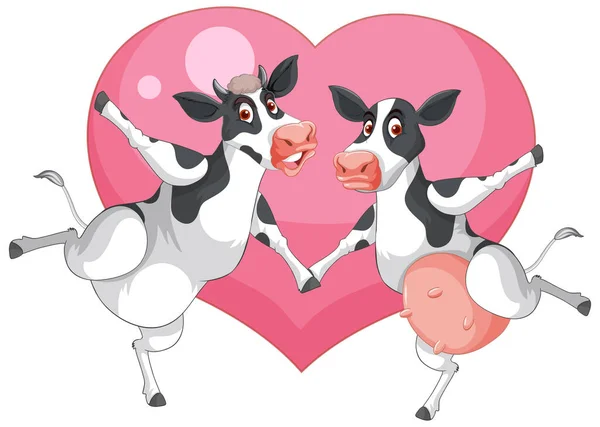 Couple Milk Cows Cartoon Characters Pink Heart Illustration — Stock Vector