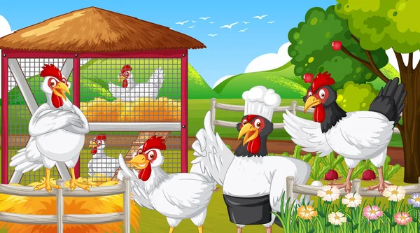 Chickens Group Cartoon Character Farm Scene Illustration — Stock Vector