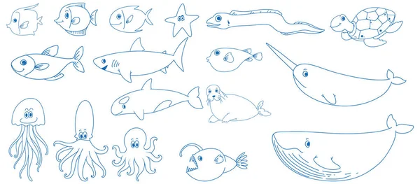 Paper Doodle Design Different Sea Creatures Colour Illustration — Stock Vector