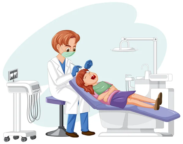 Dentista Examinando Paciente Ilustração Dos Dentes — Vetor de Stock