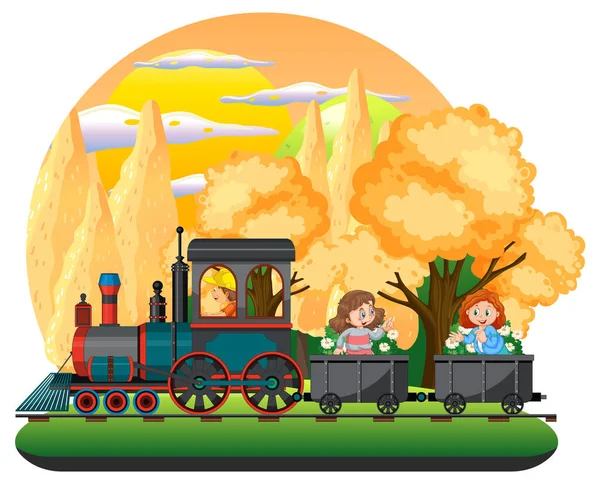 Kids Train Natural Scene Illustration — Stock Vector