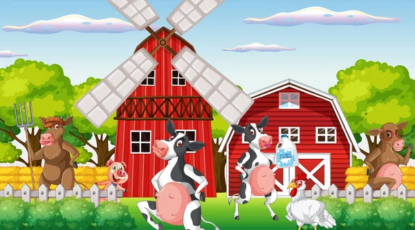 Outdoor Kuhfarm Szene Mit Glücklichen Tieren Cartoon Illustration — Stockvektor