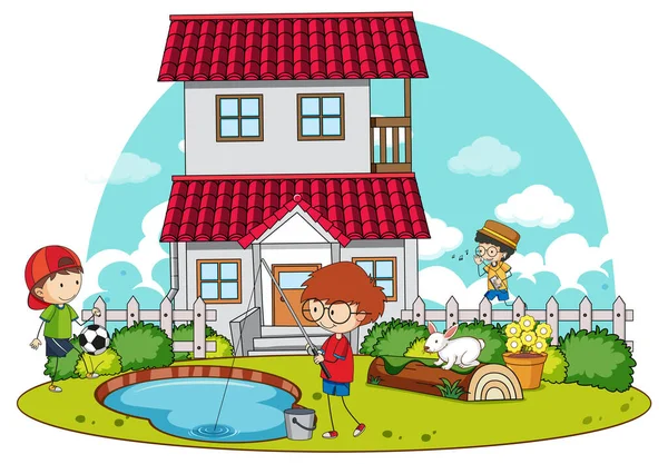 Una Casa Sencilla Con Niños Naturaleza Ilustración Fondo — Vector de stock