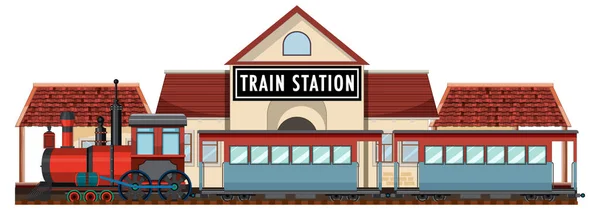 Estación Tren Con Ilustración Locomotora Vapor — Archivo Imágenes Vectoriales