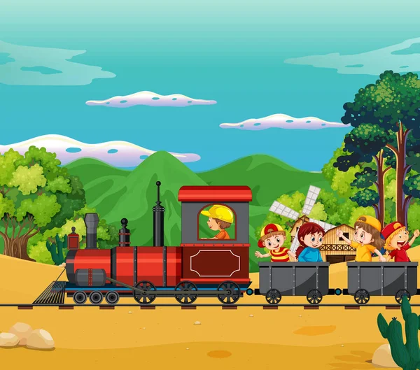 Kids Train Natural Scene Illustration — Stock Vector