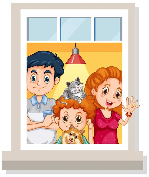 Widok Przez Okno Szczęśliwej Ilustracji Rodziny — Wektor stockowy