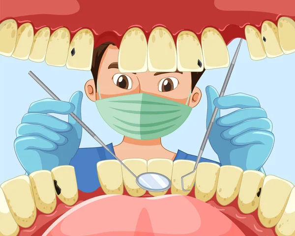 Zahnarzt Mit Instrumenten Zur Untersuchung Von Patientenzähnen Menschlichen Mund Illustration — Stockvektor