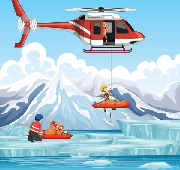 漫画スタイルのイラストで消防救助と雪の山のシーン — ストックベクタ