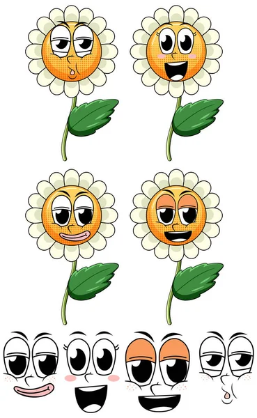 Gesichtsausdruck Vintage Style Cartoon Mit Sonnenblume Auf Weißem Hintergrund Illustration — Stockvektor