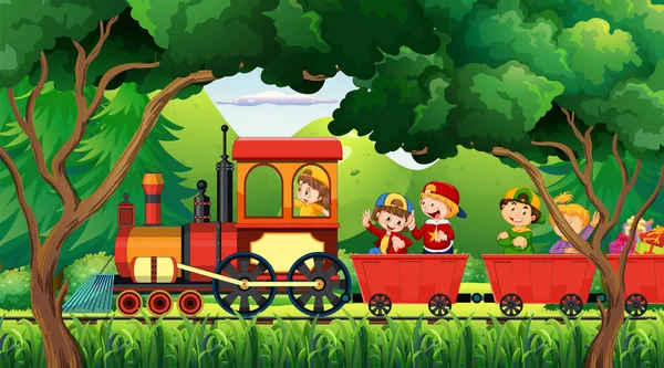 Uma Criança Trem Com Ilustração Cena Natural —  Vetores de Stock