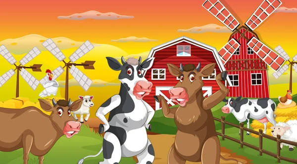 Cena Fazenda Vaca Livre Com Animais Felizes Ilustração Dos Desenhos — Vetor de Stock