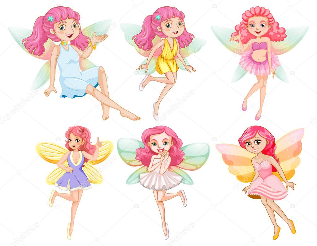 Set of different beautiful fairy girl cartoon character illustration