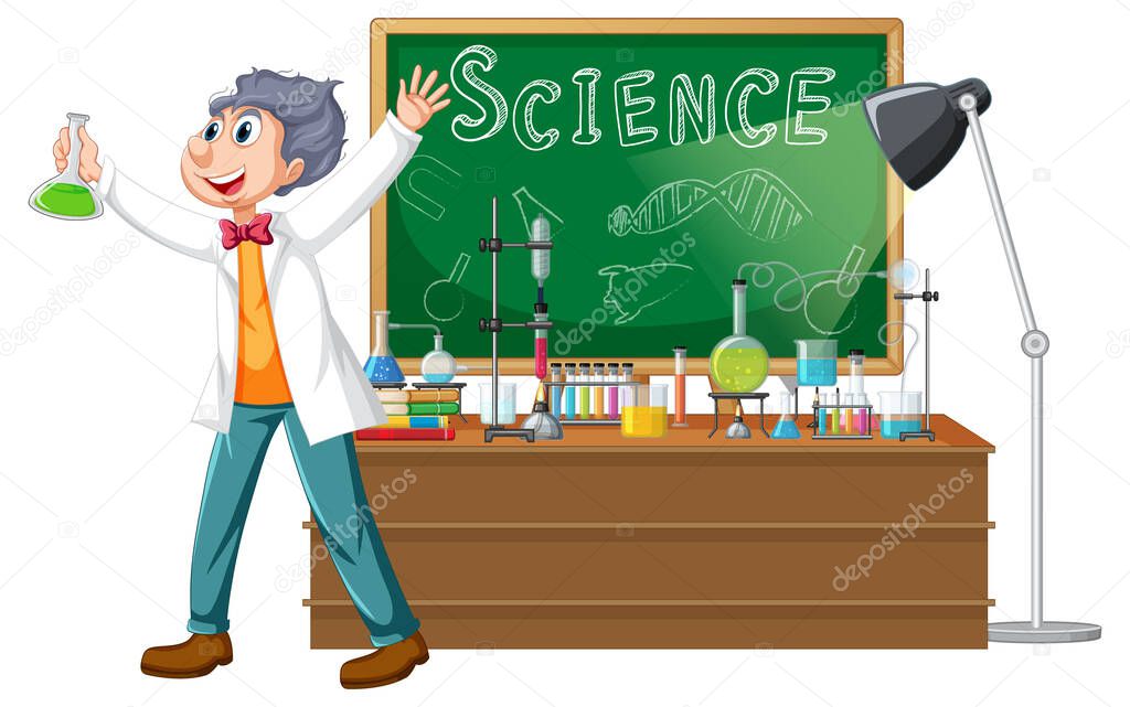 Scientist cartoon character with science lab objects illustration