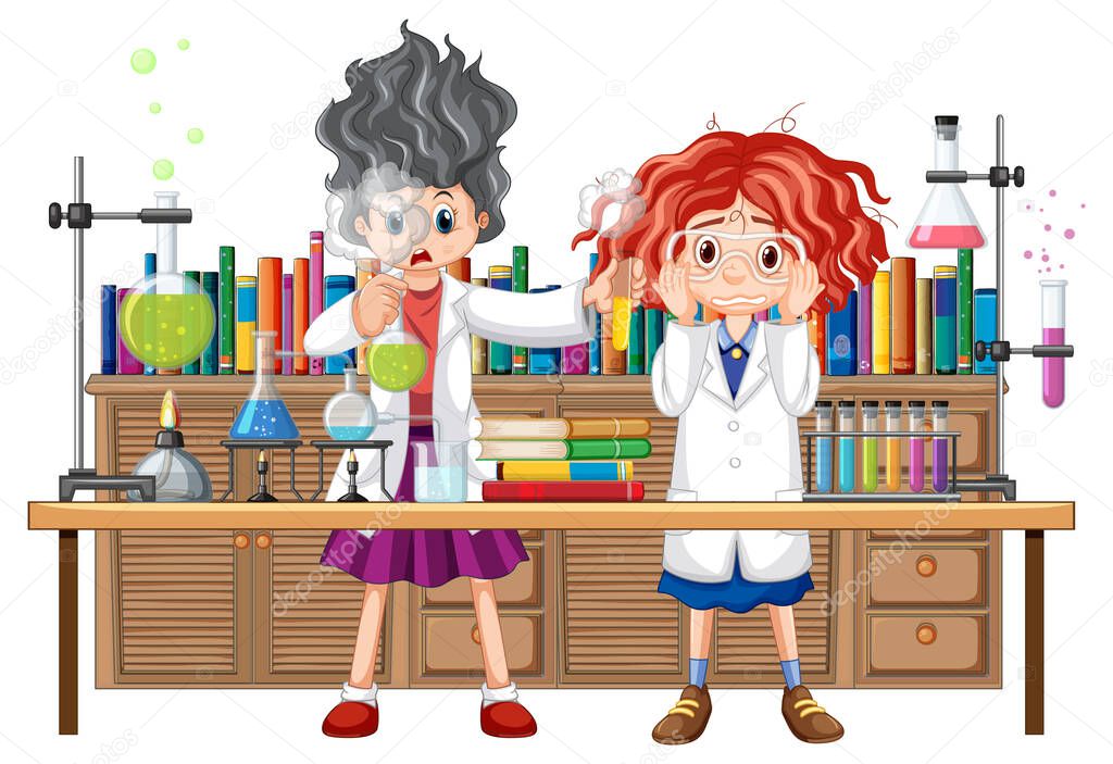 Laboratory scene with scientist cartoon character illustration
