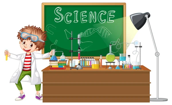 Personaje Científico Dibujos Animados Con Ilustración Objetos Laboratorio Ciencia — Vector de stock