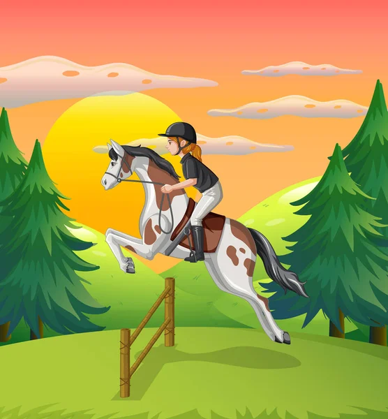 Uma Menina Montando Cavalo Ilustração Cena Natural — Vetor de Stock