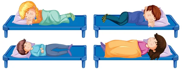 Conjunto Niños Durmiendo Camas Ilustración — Vector de stock