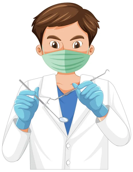 Dentist Holding Instruments White Background Illustration — Stock Vector