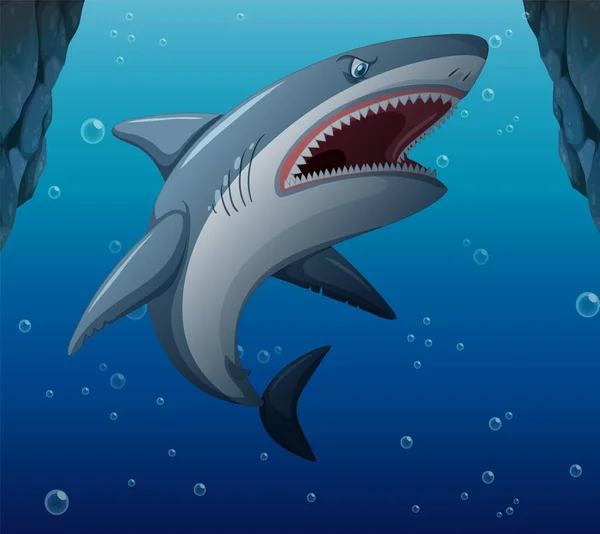 Agresivo Tiburón Bajo Agua Fondo Marino Profundo Ilustración — Archivo Imágenes Vectoriales
