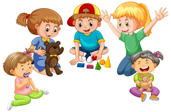 Crianças Felizes Brincando Brinquedo Fundo Branco Ilustração —  Vetores de Stock