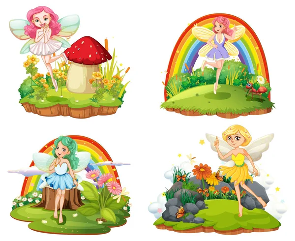 Set Isolated Fantastic Forests Beautiful Fairies Illustration — Stock Vector