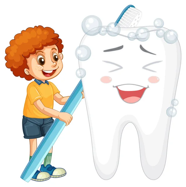 白い背景のイラストに歯ブラシで大きな歯を磨く幸せな子供 — ストックベクタ