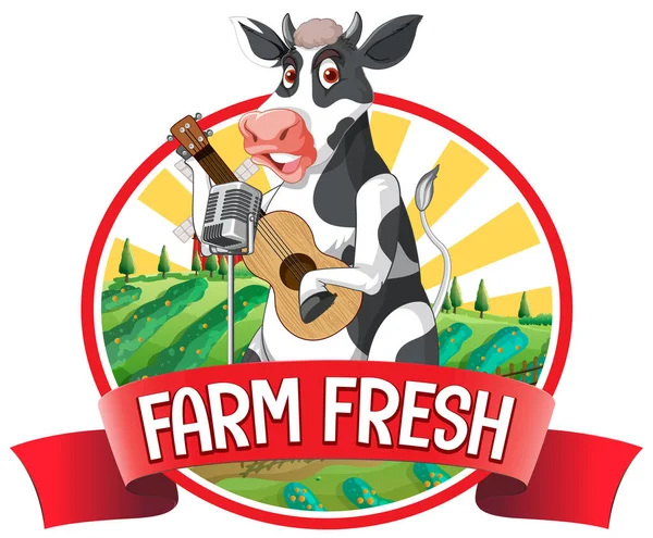 Cartoon Cow Farm Fresh Label Illustration — Stock Vector