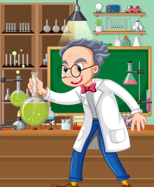 Scena Laboratorio Con Illustrazione Personaggio Cartone Animato Scienziato — Vettoriale Stock